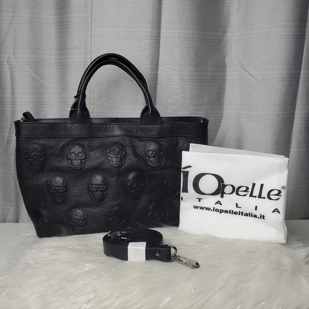IO PELLE Italy Black 3D Skull Leather Tote Bag